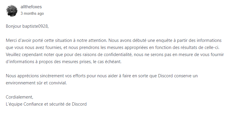 Capture d'écran réponse Discord