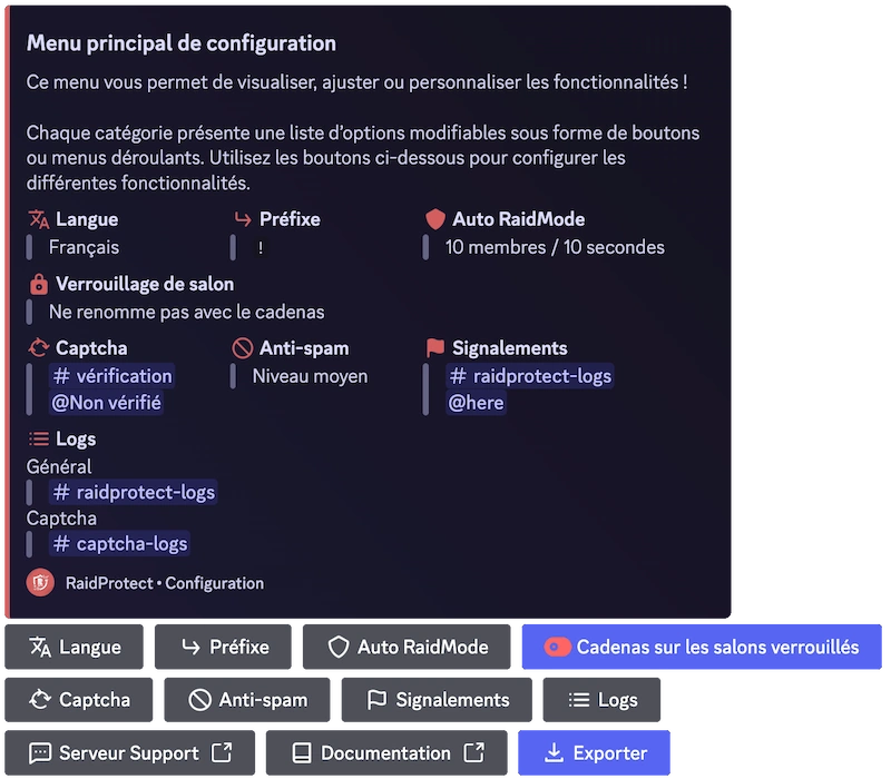 Capture d'écran menu de configuration