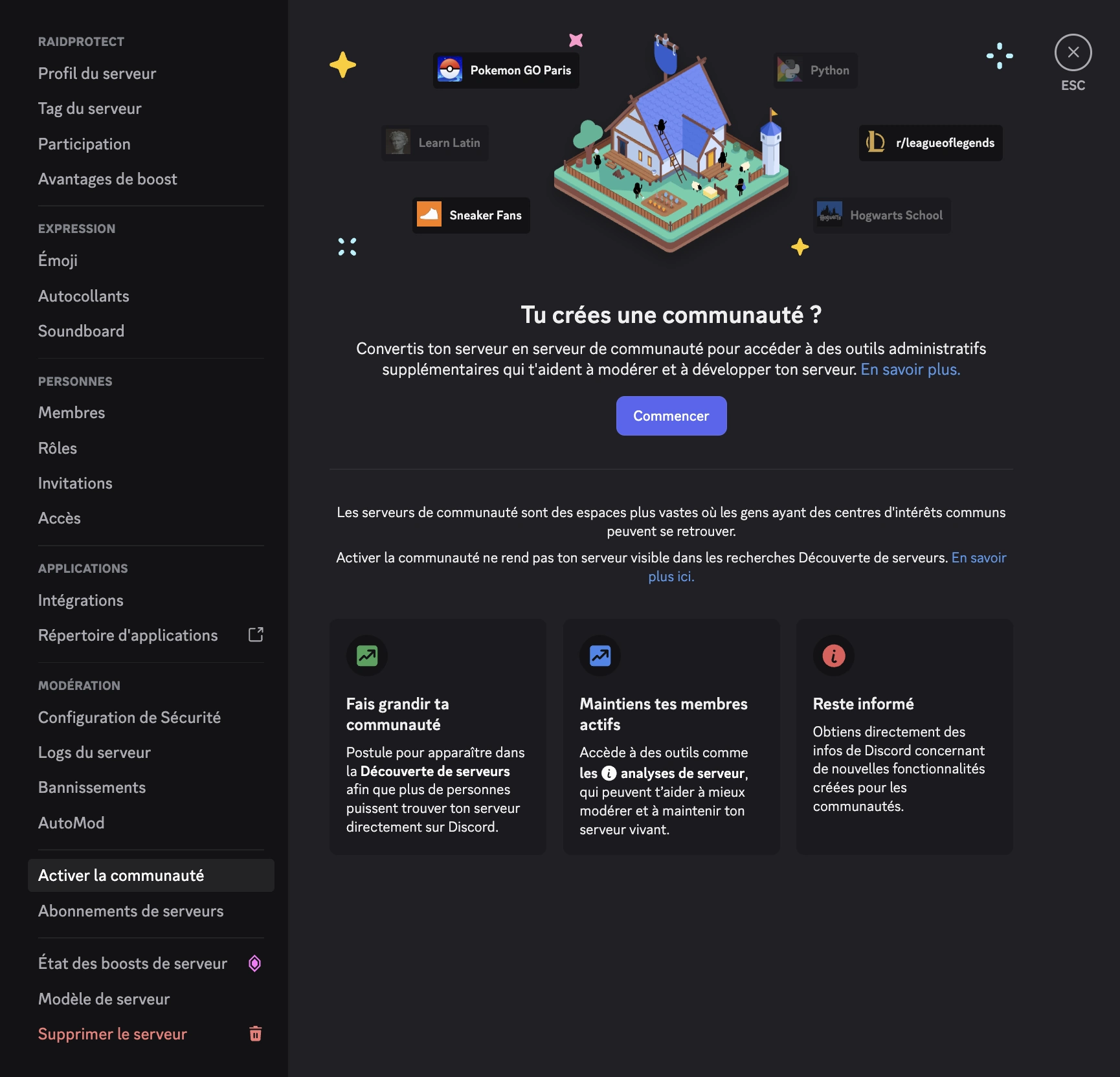 Capture d'écran activation de la communauté Discord