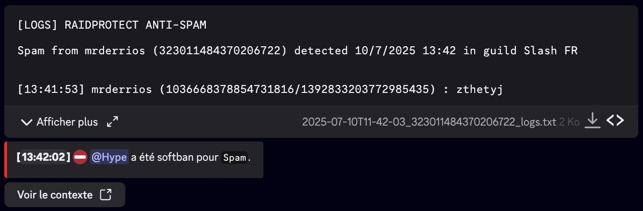 Capture d'écran des logs de anti-spam