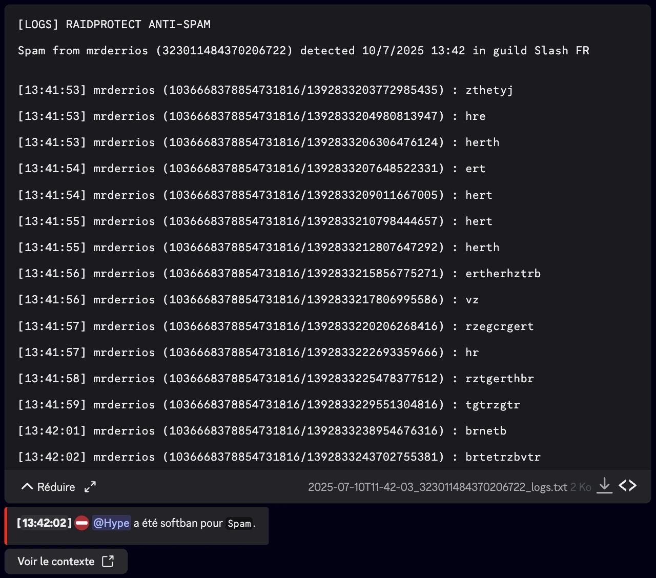 Capture d'écran des logs de anti-spam dépliés