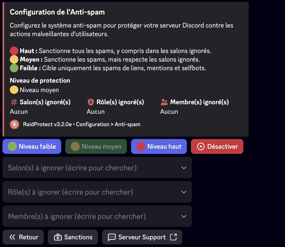 Capture d'écran paramètre anti-spam