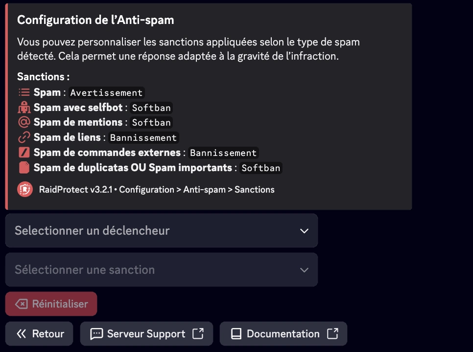 Capture d'écran des sanctions anti-spam