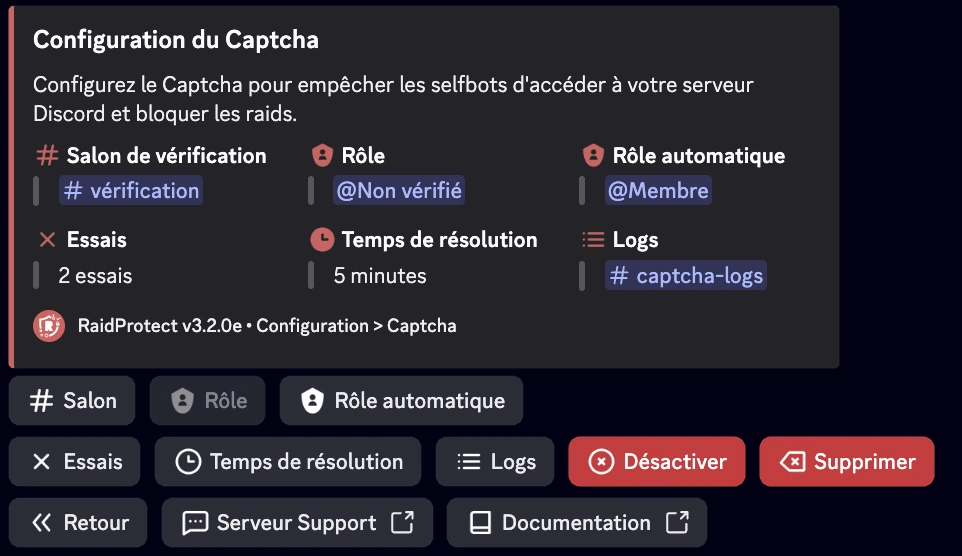 Capture d'écran paramètre captcha
