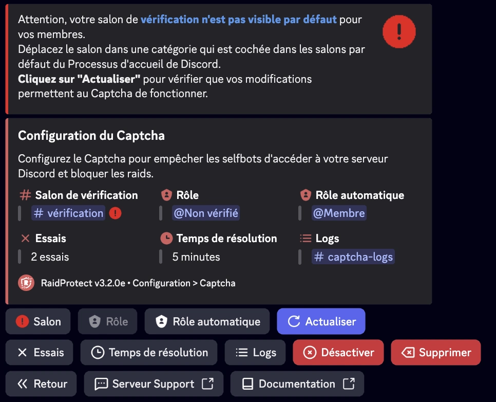 Capture d'écran alert du captcha