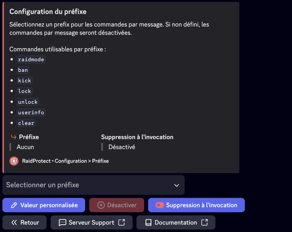 Capture d'écran paramètre préfixe