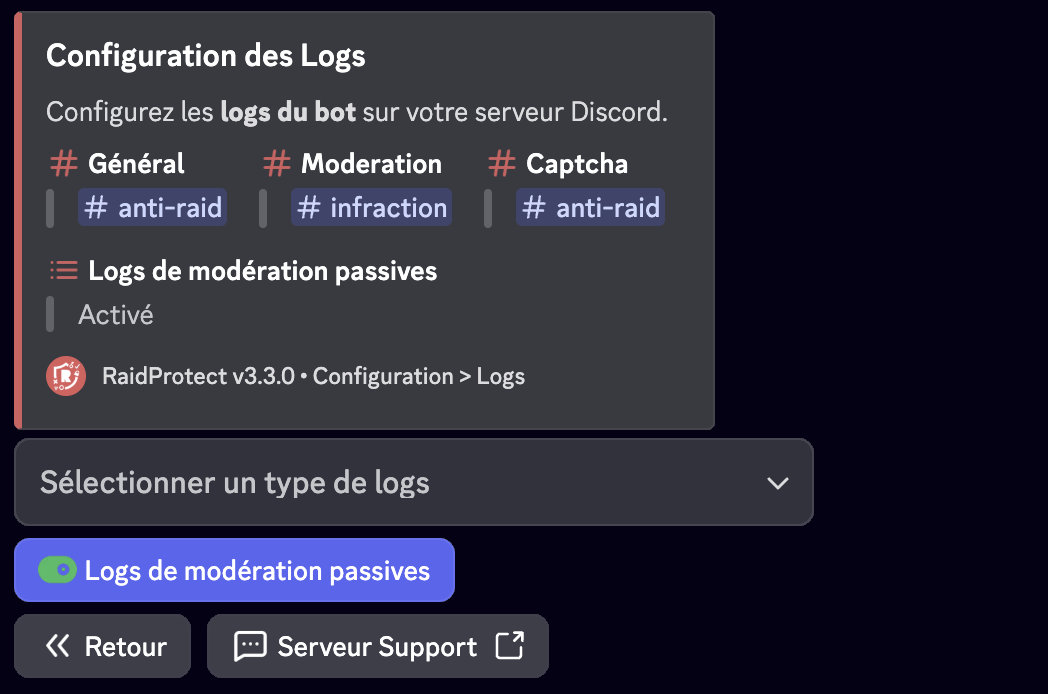 Capture d'écran configuration des logs des sanctions