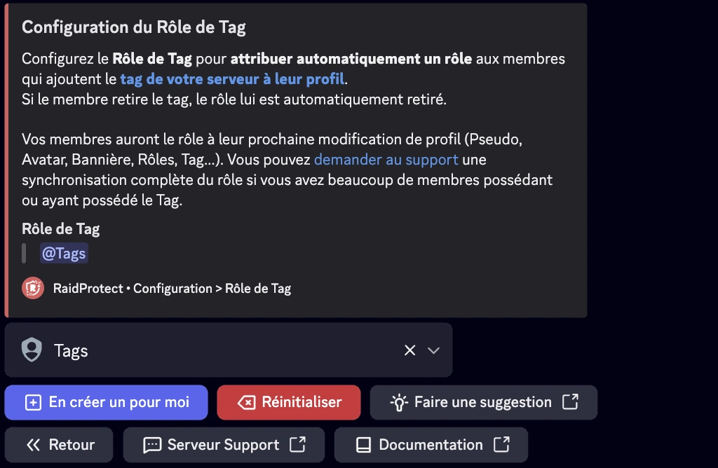 Capture d'écran paramètre Rôle de Tag