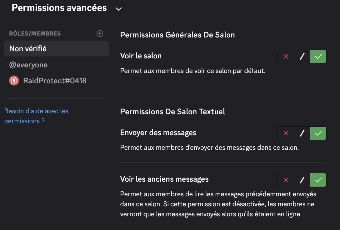 Capture d'écran vérification des permissions du salon