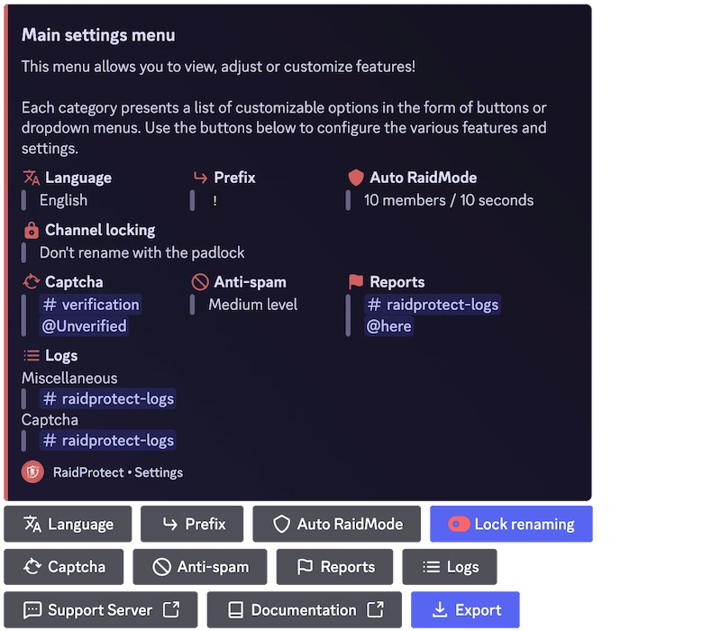 Screenshot del menu di configurazione