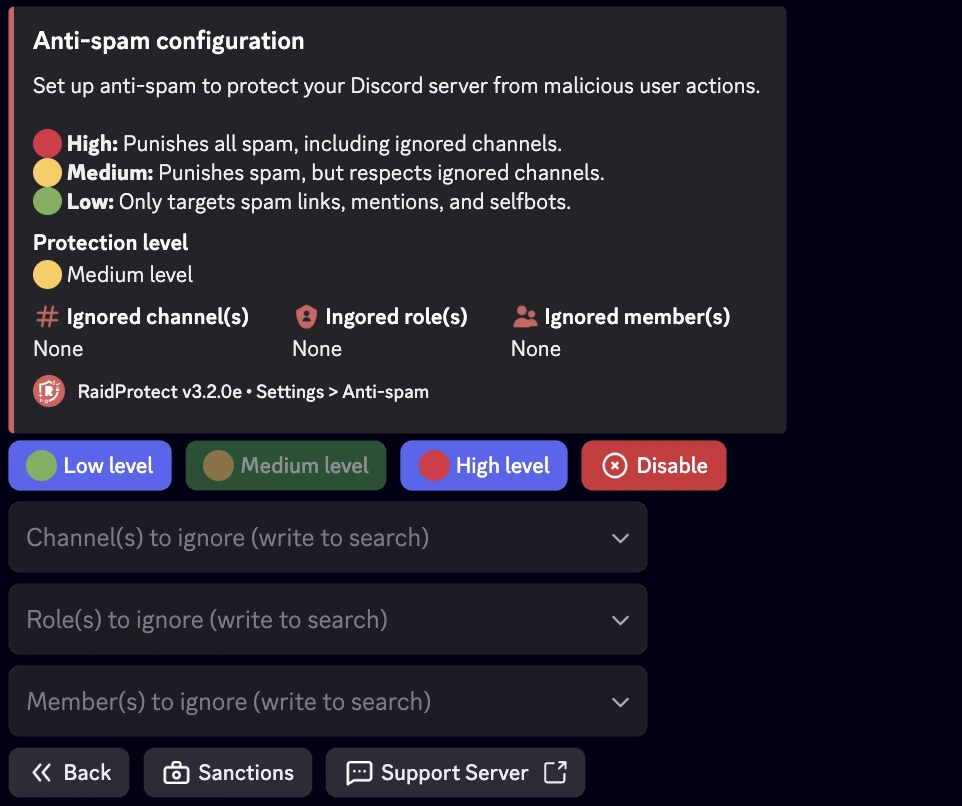 Captura de ecrã das definições do anti-spam