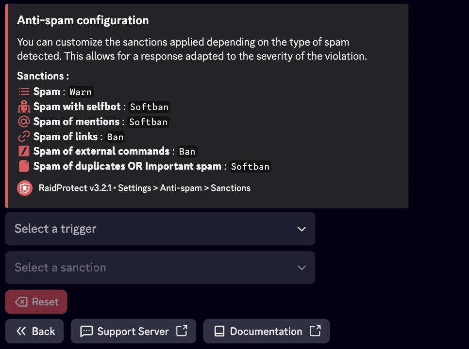 Captura de ecrã das sanções do anti-spam