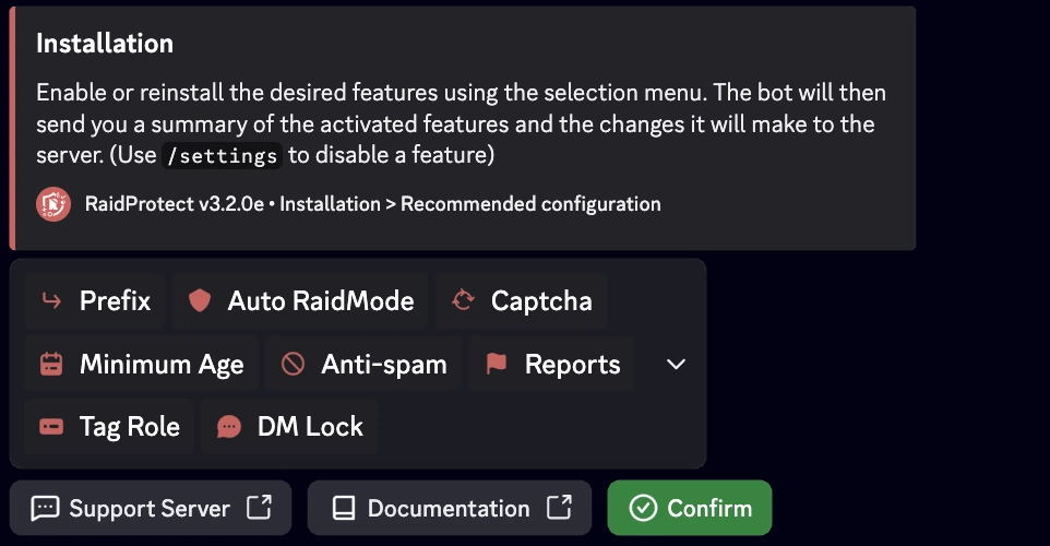 Captura de ecrã da configuração recomendada
